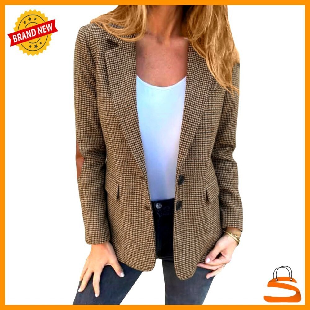 Tweed Blazer Houndstooth Plaid Slim Fit Professional Work Office Chic